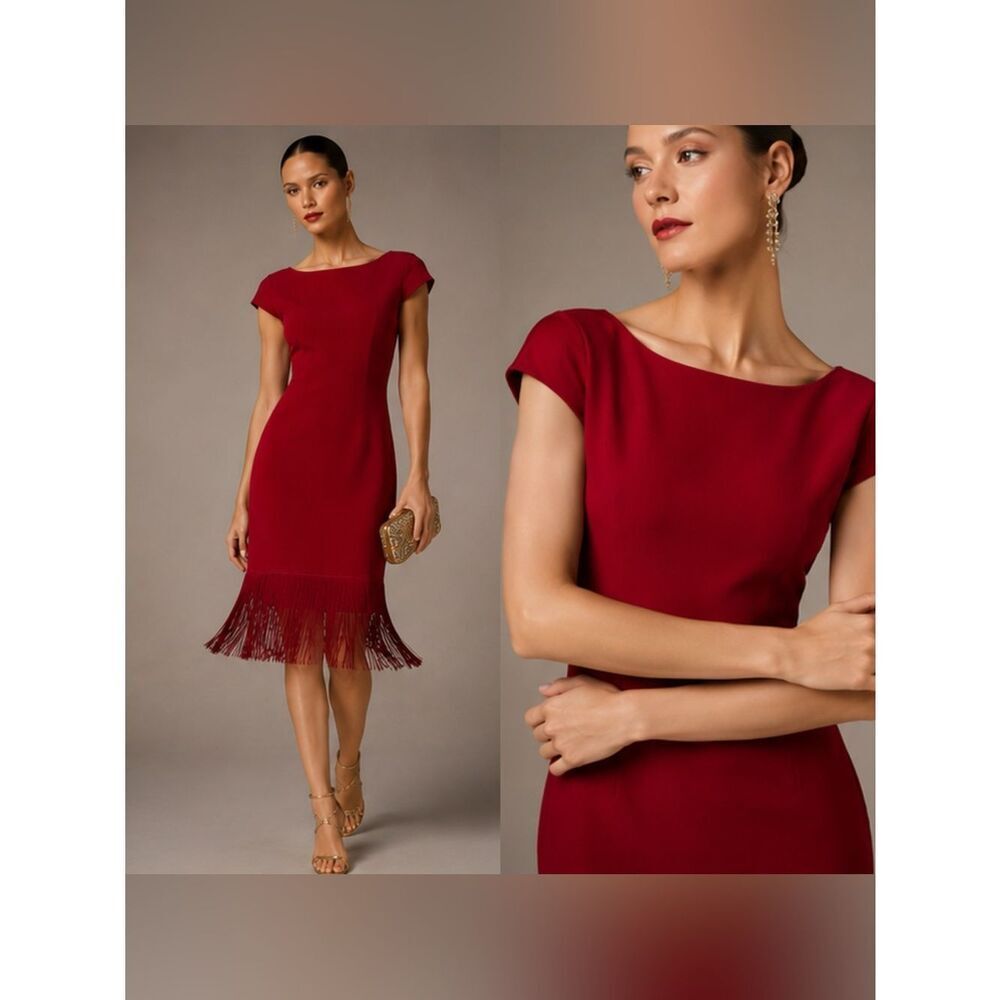 Marchesa Notte Silk pensil dress with fringe detail